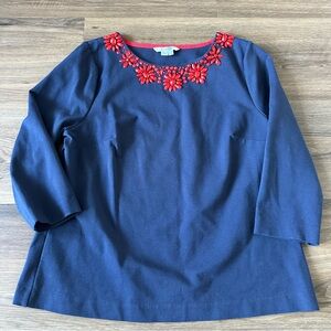 Boden Ponte Knit Top SZ 12 Beaded Stretch Navy Blue Preppy Classic Embellished